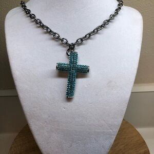 Elegant Silver and Blue Cross Pendant Necklace